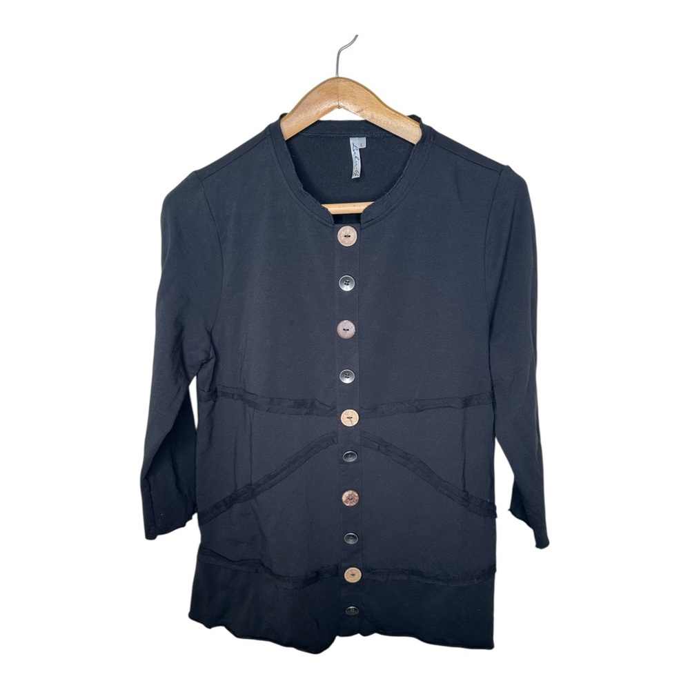 Lulu B Top Mixed Buttons Raw Edge Seams Art to Wear Black French Terry Large